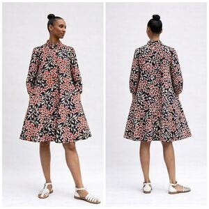 Zuri Kenya African Print Shirt Dress Black Cream Orange Floral A-Line Size 1X​